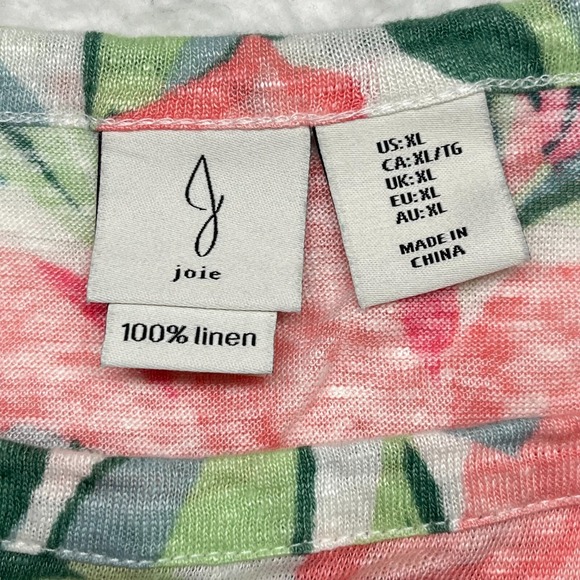 Joie 100% Linen Top Women XL Pink Green Floral Knit Boxy Beachy Popover - Picture 2 of 8